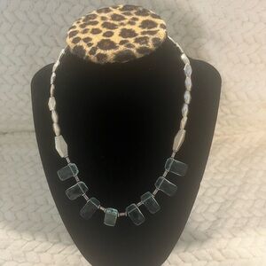 Chic Silver and Black Geometric Necklace. Clear blue and silver beads!